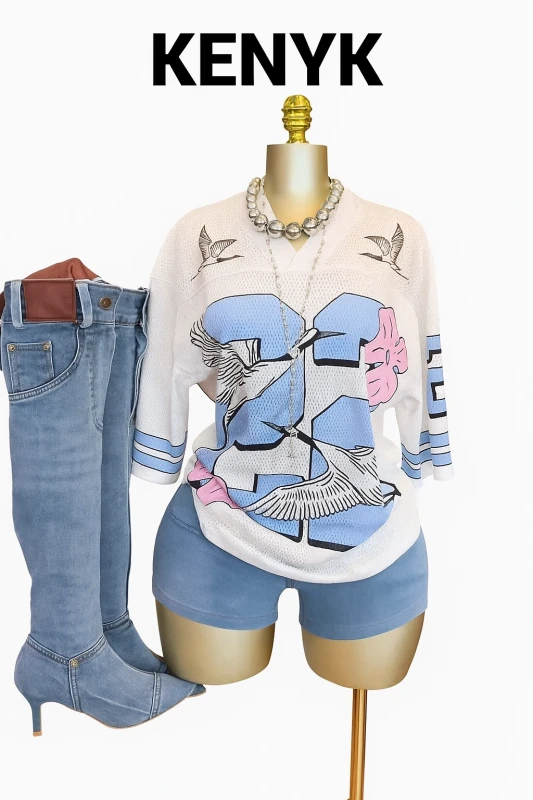 A graphic oversized mesh jersey shirt