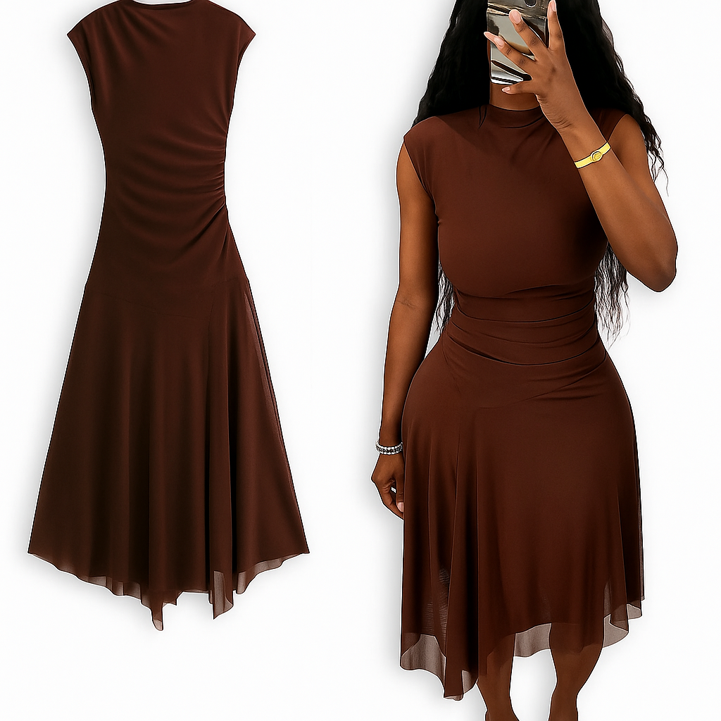 Brown Ruched Asymmetrical Hem Midi Dress