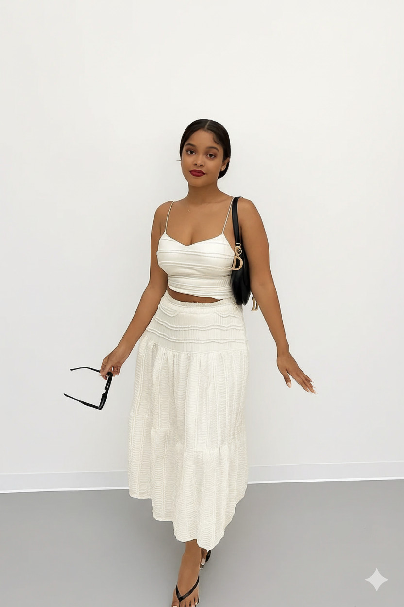 white crop top and tiered skirt set