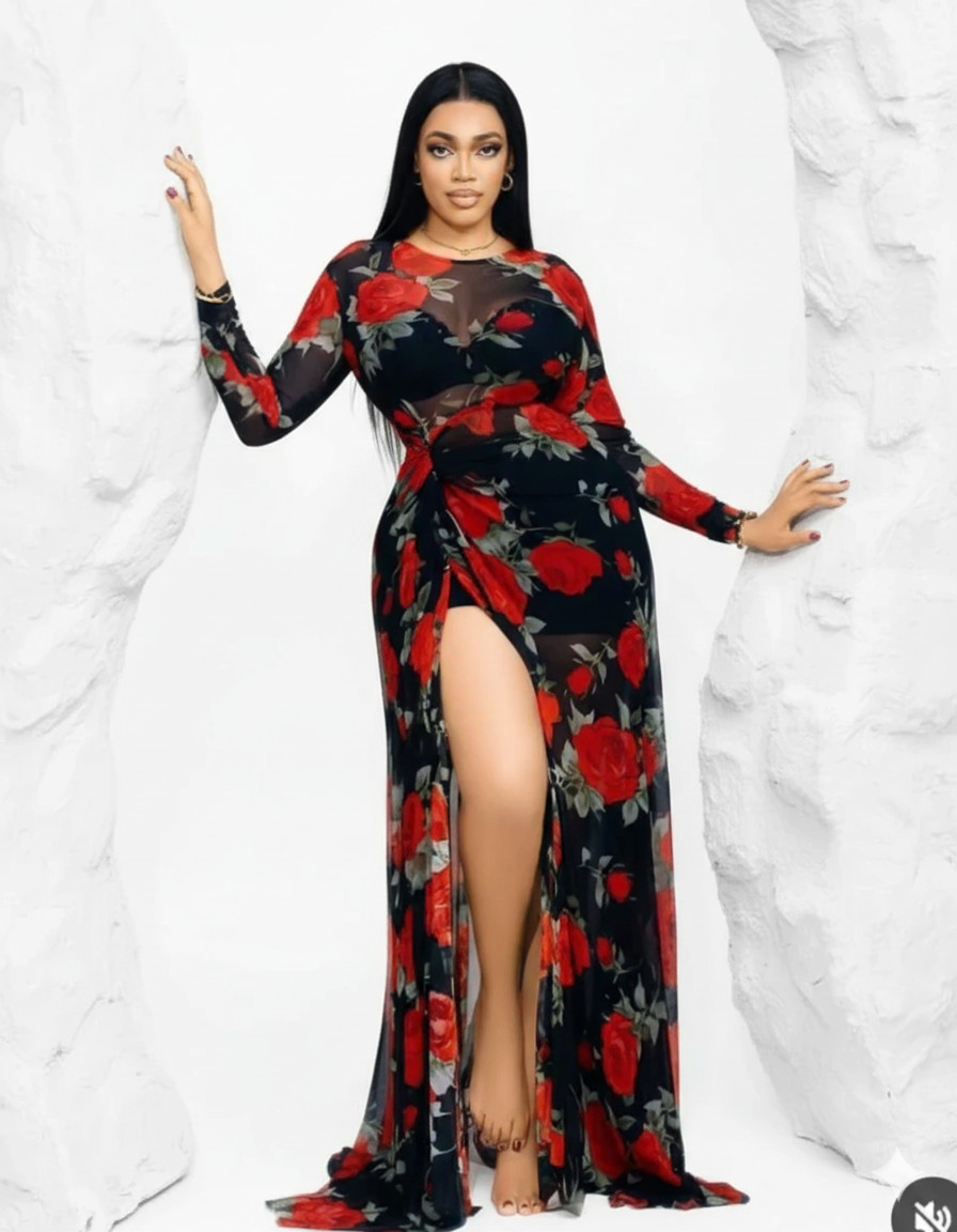 Bold red rose floral print on a black base